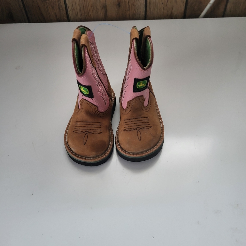 John Deere Infant Baby Girls Crib Boots Pink Brown Leather Toddler Size 4M